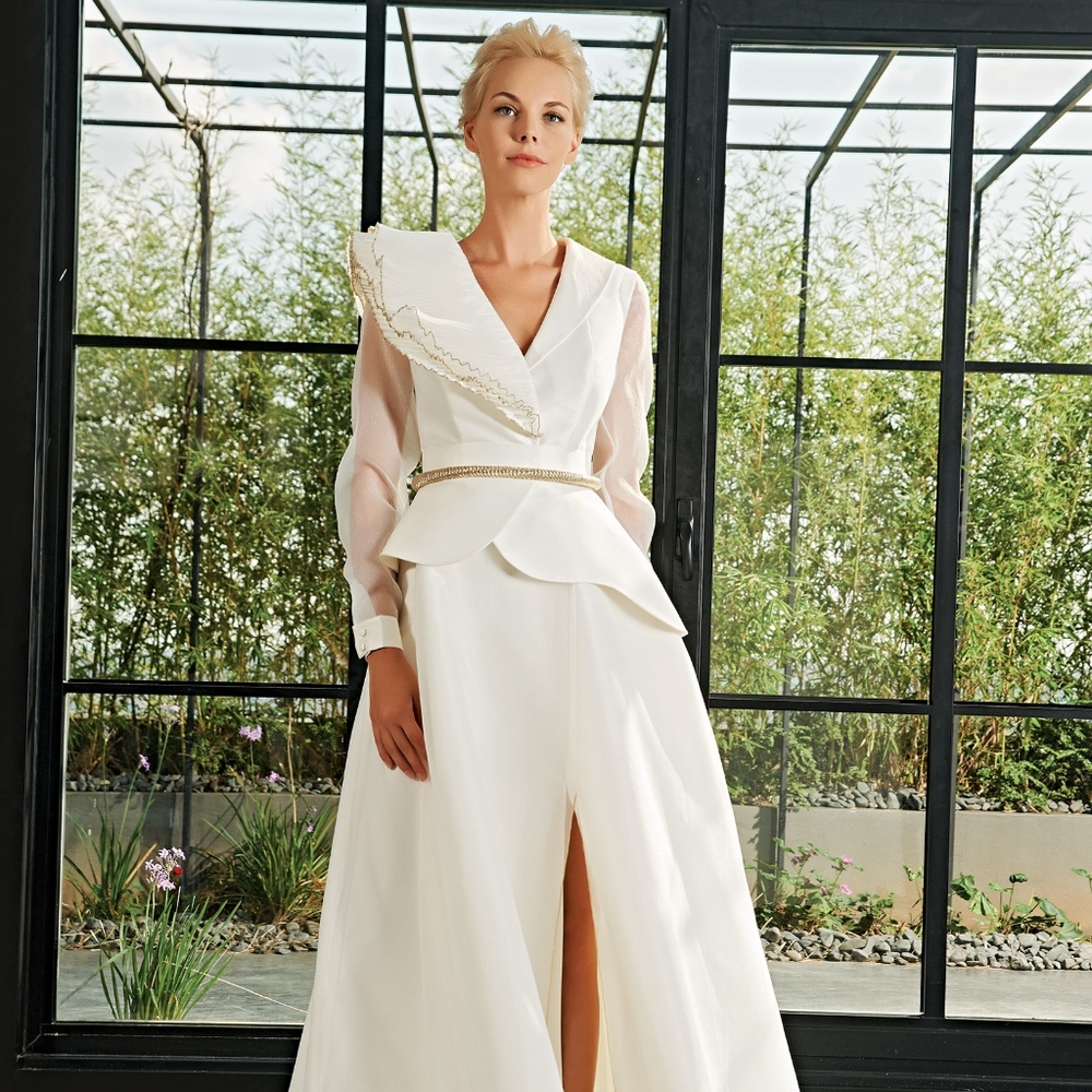 White & Gold Pleated Organza & Taffeta Gown